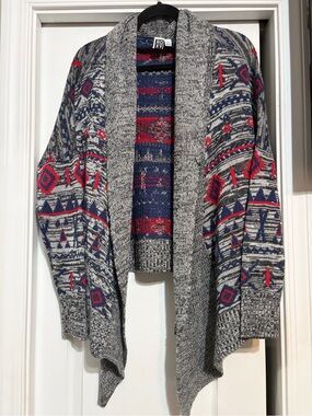 Roxy Gray Navy Red Aztec-Pattern Open Cardigan